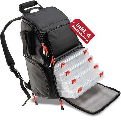 Paradox Fishing Angelrucksack mit Boxen I inkl. 4 Boxen I Angeltasche mit Boxen...