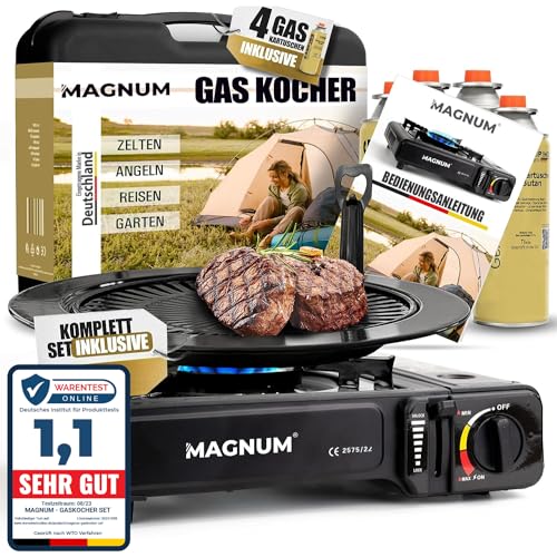 Magnum® Gaskocher mit Grillplatte inkl. 4 Gaskartuschen - robuster Campingkocher mit...